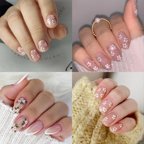 30 Sheets White Flower Nail Stickers 3D Self-Adhesive Floral Nail Decals Small Daisy Nail Art Supplies White Flowers Nail Design Sticker for Women Wedding Acrylic Nails Decoration Accessories Charms