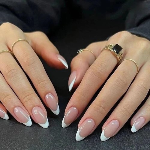 24Pcs French Tip Press on Nails, Short Fake Nails Almond Tips Acrylics Full Cover White False Nails Stick on Nails Reusable Glue on Nails Glossy Nude Acrylic Nails for Women Girls Nail Decoration
