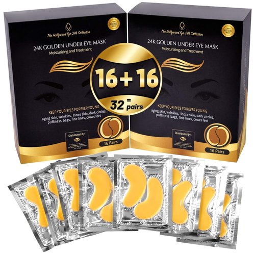 24K Gold Under Eye Patches, Eye Mask,Eye Patches for Puffy Eyes and Dark Circles, Eye Masks Skincare (32 pairs pack of 2 boxes)