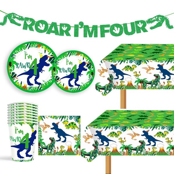 Dino Four Birthday Decorations Boy Plates Napkins and Cups Banners Table Cloth Roar I'm Four Birthday Party Decorations for Boys Roar I'm Four Birthday Decorations