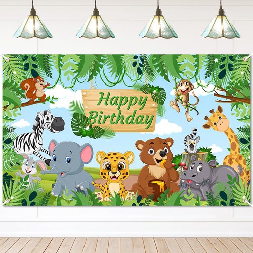 Avezano Safari Happy Birthday Banner Jungle Animals Happy Birthday Backdrop Jungle Animal Theme B...