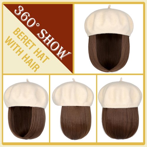 Lansigreen Hat Wig Beret Hat with Hair Extensions Classic French Wool Hat Attached 12" Straight Short Bob Hairpiece Synthetic for Women Light Brown