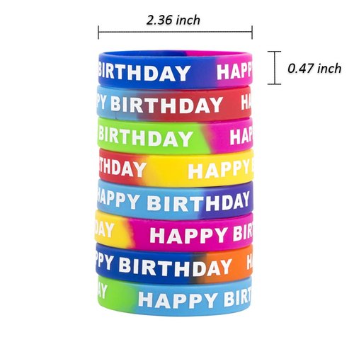ARTLYMERS 24pcs Happy Birthday Rubber Bracelets, Colored Silicone Stretch Wristbands for Birthday Party Supplies Favors 8 Styles