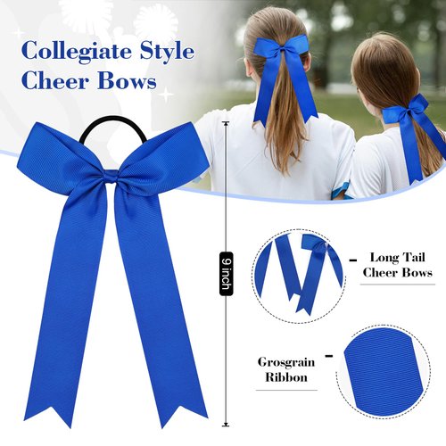 DEEKA 16 PCS Collegiate Style Cheer Bows Long Tail Skinny Cheer Bow Ponytail Holder Handmade Bows for Girls Teens Softball Cheerleader Sports -Royal Blue