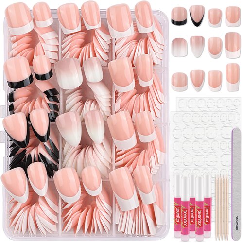Teenitor Press on Nails Short, Almond Press on Nails French Tip Black, Glue on Nails Short Press Ons, Press on Nail Kit Coffin Press on Nails, Short French Tip Press on Nails Medium Press on Nails