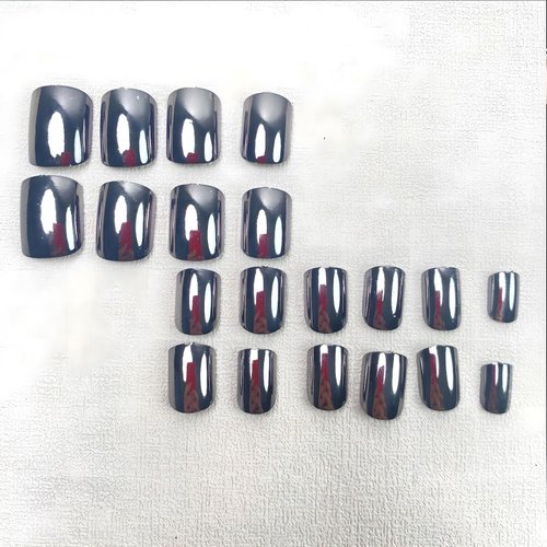 Black Chrome Press On Nails Short Square, Black Mirror Chrome Glossy Fake Nails, Acrylic Full Cover False Nails, Nail File And Adhesive Tabs Included, Stick Glue On Nails for Women Girls