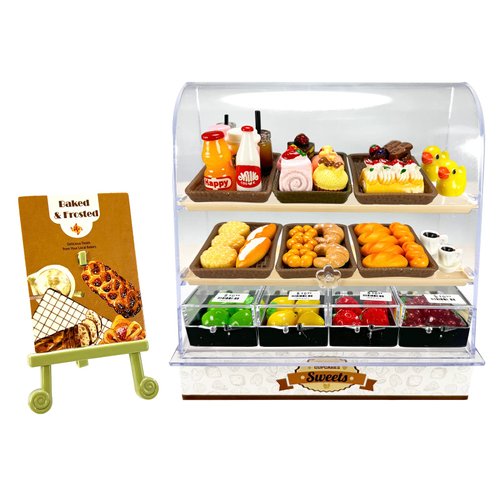 86 Pieces Miniature Bakery Case Cake Stand Display Cabinet with Food Set Mini Plastic Counter Dessert Donuts for 1:12 Doll House Store Scene Decoration Gift Dollhouse Bread Shop Model Playhouse