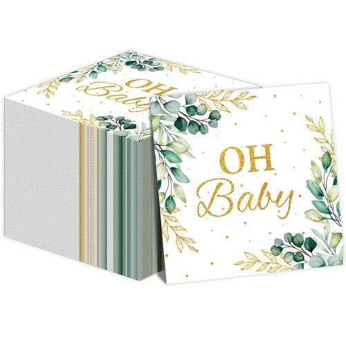 Eucalyptus Leaf Oh Baby Napkins Greenery Baby Shower Party Supplies Sage Green Luncheon Napkins Disposable Paper Napkins for Baby Shower Boys Girls Kids Table Decorations (100 Pack)