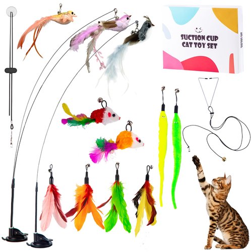 Interactive Cat Toy Suction Cup Cat Bird Simulation Cat Toy Set Self Play Cat and Kitten Toys for Indoor Cats 3Pcs Cat Wand Toy 13Pcs Cat Feather Replacement Toys Hanging Cat String and Mouse Toy