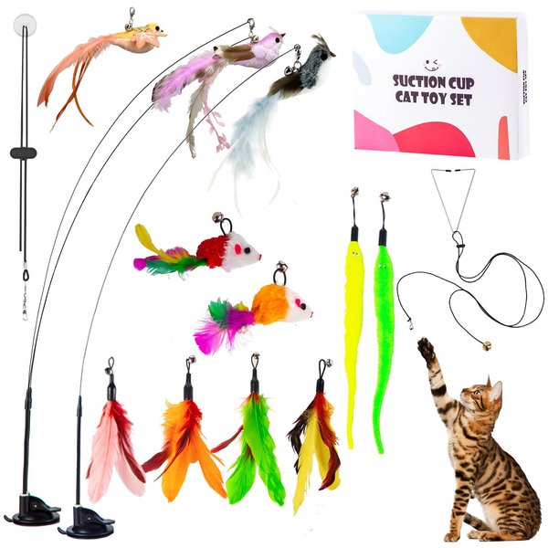 Interactive Cat Toy Suction Cup Cat Bird Simulation Cat Toy Set Self Play Cat and Kitten Toys for Indoor Cats 3Pcs Cat Wand Toy 13Pcs Cat Feather Replacement Toys Hanging Cat String and Mouse Toy