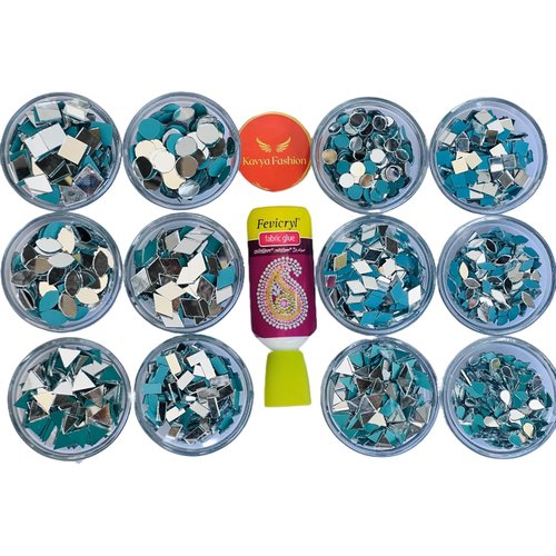 12 Shape Mirror kit for Jewellery Making, Other Craft Work Like Project & lippen Art, mud Work Decoration (Total-1200 Pieces, 100 Pieces of Each Shape) Free Fabric Glue (Combo of 12)