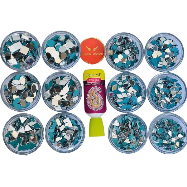 12 Shape Mirror kit for Jewellery Making, Other Craft Work Like Project & lippen Art, mud Work Decoration (Total-1200 Pieces, 100 Pieces of Each Shape) Free Fabric Glue (Combo of 12)