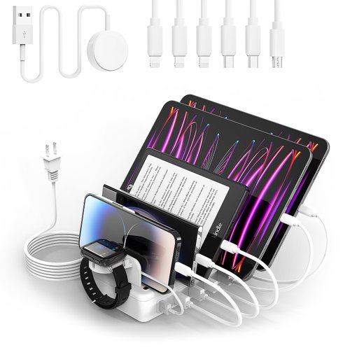 ₂₀₂₃𝘕𝘦𝘸 Charging Station Multiple Charger Station - 6-Port USB Fast Charging Dock 50W Organizer Station with Watch Charger for iPhone|Android Cell Phone|iPad|Kindle|Watch|Tablet