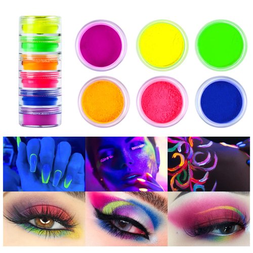 Beteligir 6 colors Neon Pigment Eyeshadow Powder, FindinBeauty UV Glow Blacklight Mixed Bright True Colors Eye Shadow Pigments, Neon Pigment Eyeshadow Powder for Christmas Face Body Makeup