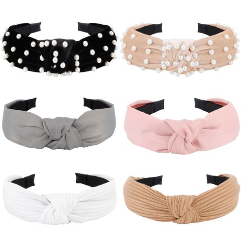 Jaciya Headbands for Women Girls 6 Pack Knotted Headbands Pearl Headband Wide Top Knot Head Band Fashion Turban Knitted Hairbands Vintage Hair Accessories