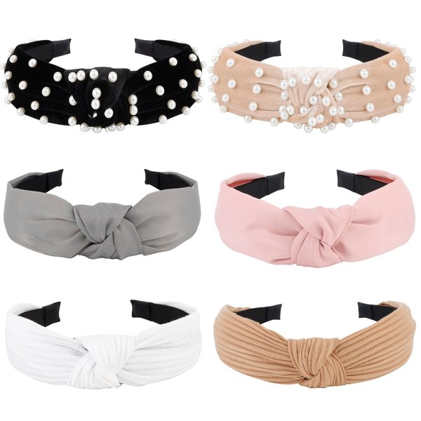 Jaciya Headbands for Women Girls 6 Pack Knotted Headbands Pearl Headband Wide Top Knot Head Band Fashion Turban Knitted Hairbands Vintage Hair Accessories