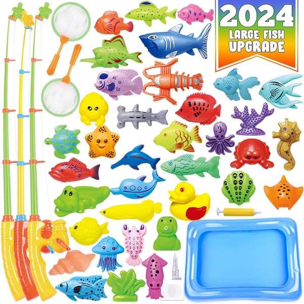 CozyBomB™ Kids Pool Fishing Toys Games | Summer Magnetic Floating Toy Magnet Pole Rod Fish Net Water Table Bathtub Bath Game, Learning Education For age 3 4 5 Boys Girls Toddlers Carnival Party Favors