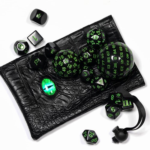Poludie 15 Pieces Complete Polyhedral DND Dice Set D3-D100 Spherical D&D Dice Set with Dragon Eye Dice Bag, D100 Dice for Dungeons and Dragons, RPG, MTG Table Games(Black w/Green Numbers)