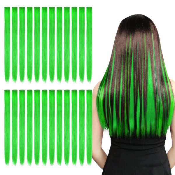 24pcs Green Hair Extensions 20 inch Halloween Party Highlights Clip in Hair Extensions for Girls Heat-Resistant Straight Hairpieces Fake Hair Accessories for Women Kids Girls Halloween Christmas Gifts