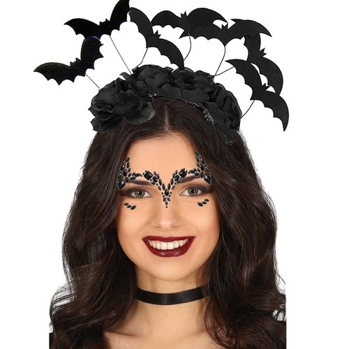 Halloween Black Bat Headband and Black Face Gem Bat Mask or Women Bat Halloween Dress Up Costume Accessories (Bat B)
