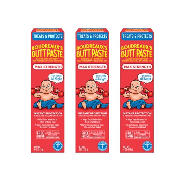 Boudreaux's Butt Paste Maximum Strength Diaper Rash Cream, Ointment for Baby, 4 oz. Tube, (Pack of 3)