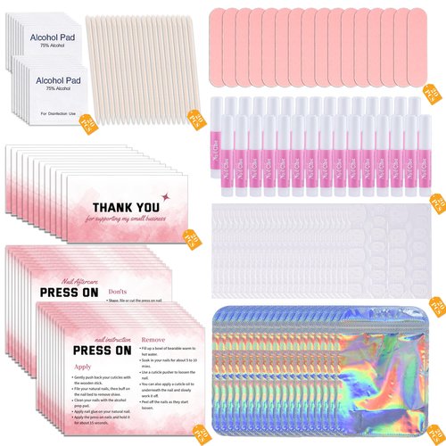 Press On Nail Tool Kit for Nail Business, Nail Prep Application Disposable Kit with Nail File, Nail Glue, Prep Pads, Instruction Card, Adhesive Nail Tabs, Wood Stick, Holographic Bag (20pcs in pink)