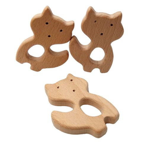 Arakierst 10pcs Organic Wood Fox Teether Pure Natural Animal Shape Beech Wooden Handmade Grasping Pattern DIY Pacifier Chain Pendant