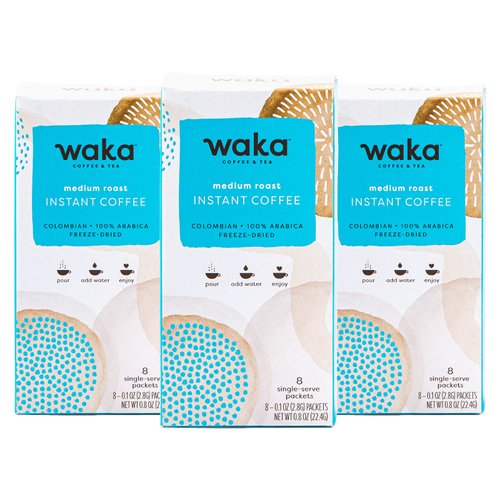 Waka Premium Instant Coffee Medium Roast, 24 Single Serve Packets in Recyclable Boxes, 100% Arabica Beans, Freeze Dried Granules, For Hot or Iced Coffee