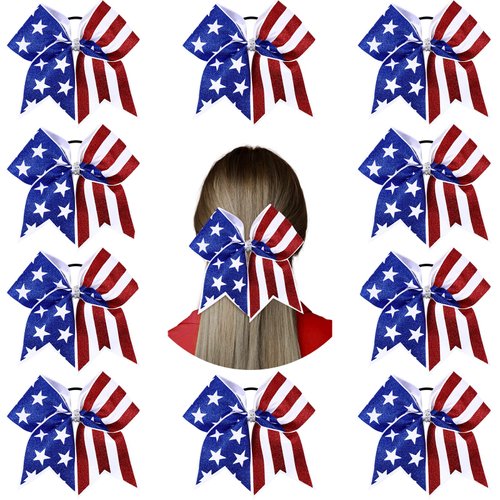 10 Pcs 4th of July Glitter Cheer Hair Bows 8&#39;&#39; Patriotic Cheerleader Hair Bows Red White Blue Ame...
