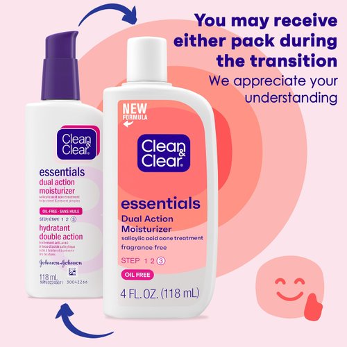 Clean & Clear Essentials Dual Action Oil-Free Facial Moisturizer, Salicylic Acid Acne Treatment with Pro-Vitamin B5 Moisturizes While Treating Acne & Helping to Prevent Pimples, 4 fl. Oz (Pack of 3)