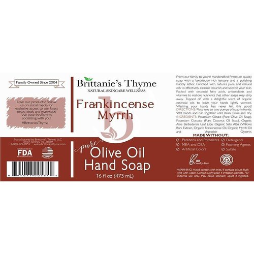 Brittanie's Thyme Organic Natural Hand Soap, 16 oz (Frankincense & Myrrh) Moisturizing Castile Soap Made Olive Oil And Natural Luxurious Essential Oils. Vegan, Gluten & Cruelty Free,