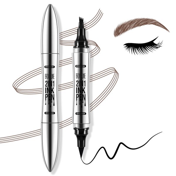 Boobeen Dual Ended Liquid Brow Pen, Waterproof Eye Liner, 2-in-1 Eyebrow Pencil with 4 Micro Fork Tip, Create Long Lasting Makeup for Brows