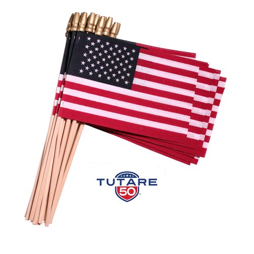 TUTARE 50 American Flags on Stick - Handheld Spearhead US Flag for 4th of July, Memorial Day Event Decorations - Patriotic Decor for Indoors & Yard - Wooden Stick, Cotton Fabric - (4"X6" - 144 Pack)