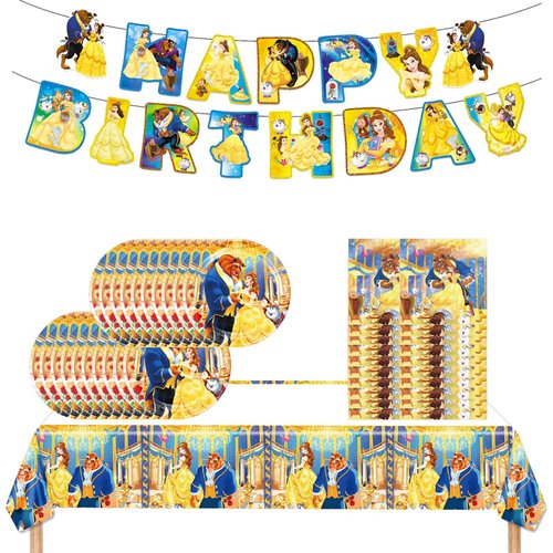 Beauty and The Beast Party Decorations(Serves 20), Princess Belle Birthday Party Tableware with Banner, Tablecloth, 20 Disposable 7" Paper Plates with Napkins for Kids Fans Birthday Party Decorations