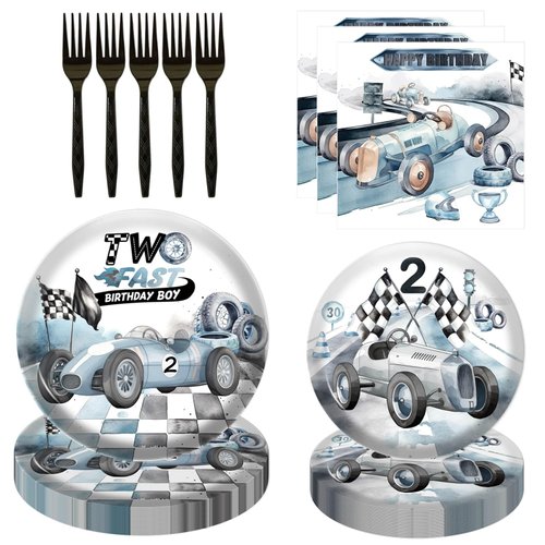 80pcs Vintage Race Car Birthday Party Decorations, Two Fast Dessert Plates Napkins Forks Tableware Kit for Boys VintageRacing Car Theme 2nd Birthday Party Supplies Decorations Favor