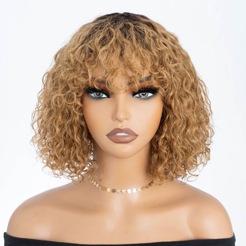 DÉBUT Short Curly Bob Wigs with Bangs 100% Human Hair 10 Inch Water Wave Glueless Wigs Through and Go 150% Density Ombre Honey Blonde Color