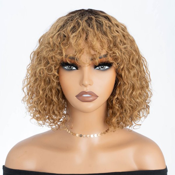 DÉBUT Short Curly Bob Wigs with Bangs 100% Human Hair 10 Inch Water Wave Glueless Wigs Through and Go 150% Density Ombre Honey Blonde Color