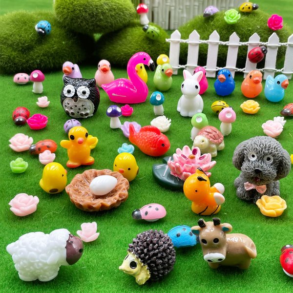 HAVAGDTM 120 PCS Mini Animal Figurine Mini Duck Mushroom Flower Figures for Miniature Garden Landscape Plant Pots Dollhouse DIY Handmade Birthday Party Favor