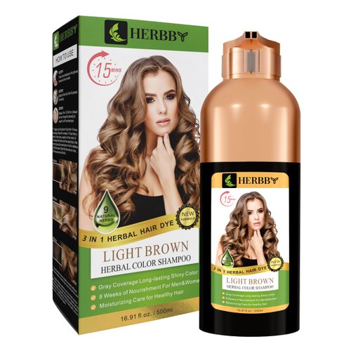 HERBBY Hair Color Shampoo for Gray Hair Coverage&Color Transform with 9 Herbal Extracts –Long Lasting (6-8 Weeks), Shiny,Evenly Colored,Instant Hair Dye Shampoo&Conditioner, 500 Ml (LIGHT BROWN COLOR)