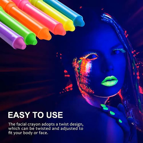 Glow In Dark Neon UV Face Body Paint Sticks for Halloween Makeup, 6 Pieces, Rainbow Glitter