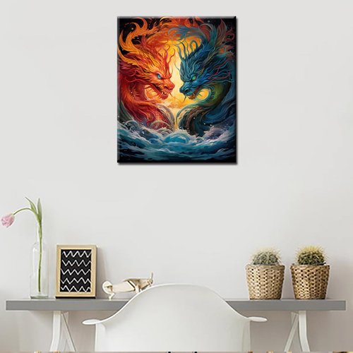 Blue and Red Dragon Paint by Number for Adults Animal/Wildlife Oil Paintings Seascape Paintwork DIY Kids Beginner Brushes Acrylic Pigment for Home Bedroom Decoration Gift 16''x20''Inch（Without Frame)