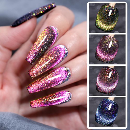 Born Pretty 9D Cat Magnetic Eye Gel Nail Polish Reflective Glitter Holographic Magnetic Gel Polish 4PCS Manicure and Nail Art DIY at Home