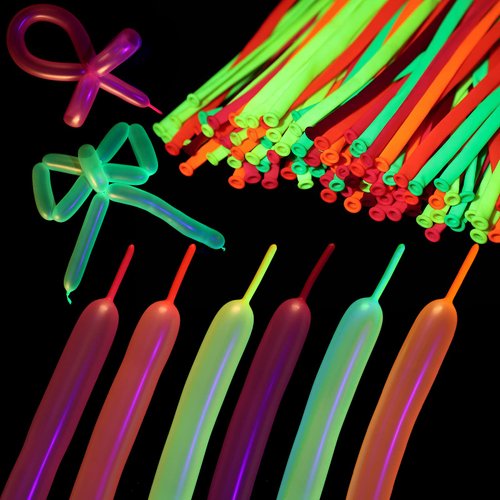 Skylety 150 Pieces Neon Glow Long Balloons Blacklight Reactive Fluorescent Long Twisting Balloons Colorful Long Animal Balloons for Latex Balloon Animals Twisting DIY Birthday Party Decorations
