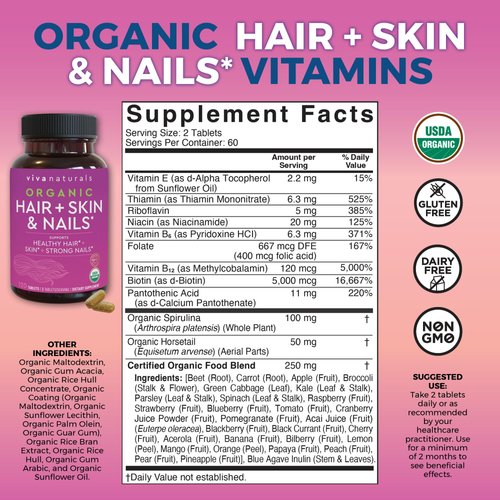 Organic Biotin Vitamins for Hair Skin and Nails Health Support - Vegetarian-Friendly Hair Skin Nails Vitamins for Women with Vitamin E & Biotin 5000mcg to Help Produce Keratin - 120 Biotin Supplement