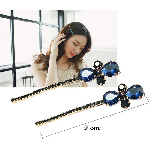 2PCS Women Lady Vintage Imitation Crystal Rhinestone Alloy Barrettes Side Clip Hairpin Hair Clip Bobby Pins Hair Accessories for Wedding Bridal (Blue)
