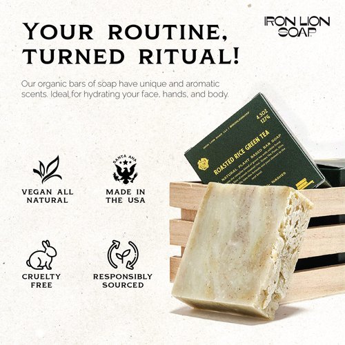 Iron Lion Soap - Roasted Rice Green Tea Organic Soap Bar - Made in USA - Plant Based, Vegan, Cold Process Handmade Soap - Moisturizing Bath Soaps for All Skin Types - (3 Pack)