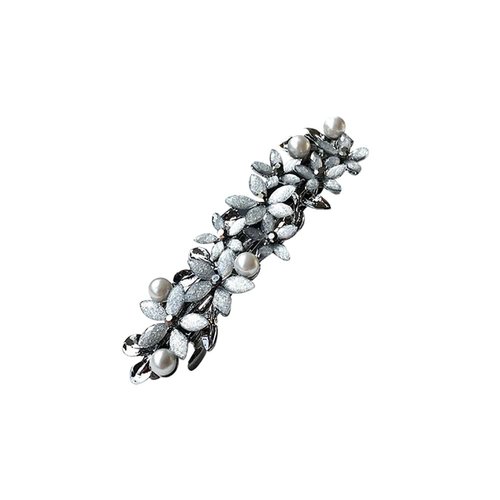 Rhinestone Pearl Hair Clips Crystal French Hair Barrette Antique Flower Leaf Hair Pins Vintage Automatic Hair Clips for Women Girls Grey