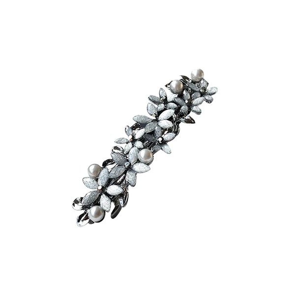 Rhinestone Pearl Hair Clips Crystal French Hair Barrette Antique Flower Leaf Hair Pins Vintage Automatic Hair Clips for Women Girls Grey