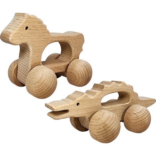 Adventure Awaits! Wooden Animal Rattle Toy Set for Toddlers & Preschoolers | Horse & Alligator Crocodile Wheeled Push and Pull Car 2 Pack