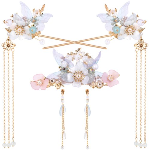 HINZIC 5PCS Bluebell Tassels Hairpin, Crystal Rhinestone Pearl Hair Clips Headpiece Retro Flower Chinese Hanfu Wedding Brides Hair Accessories Jewelry for Women Girls Updo Long Hair